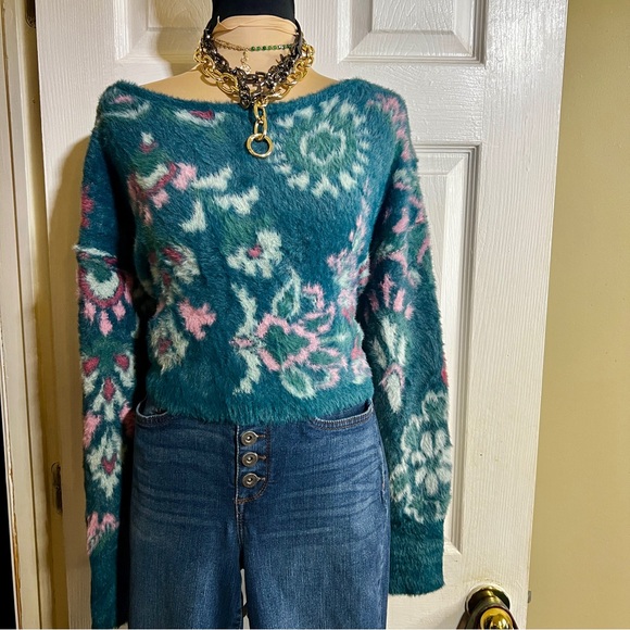 New Wms Anthropologie Daily Practice Boho Floral Furry Cutout Tie Sweater S - Picture 2 of 14